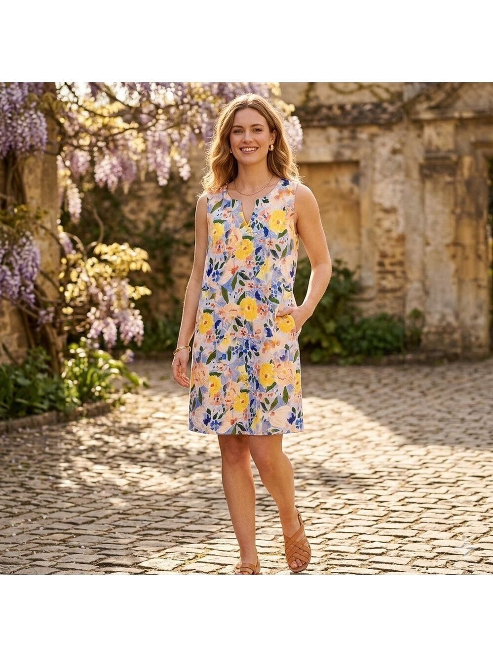 Foil Sun-Sational Linen Sleeveless Dress Size 8 Floral Multicolour